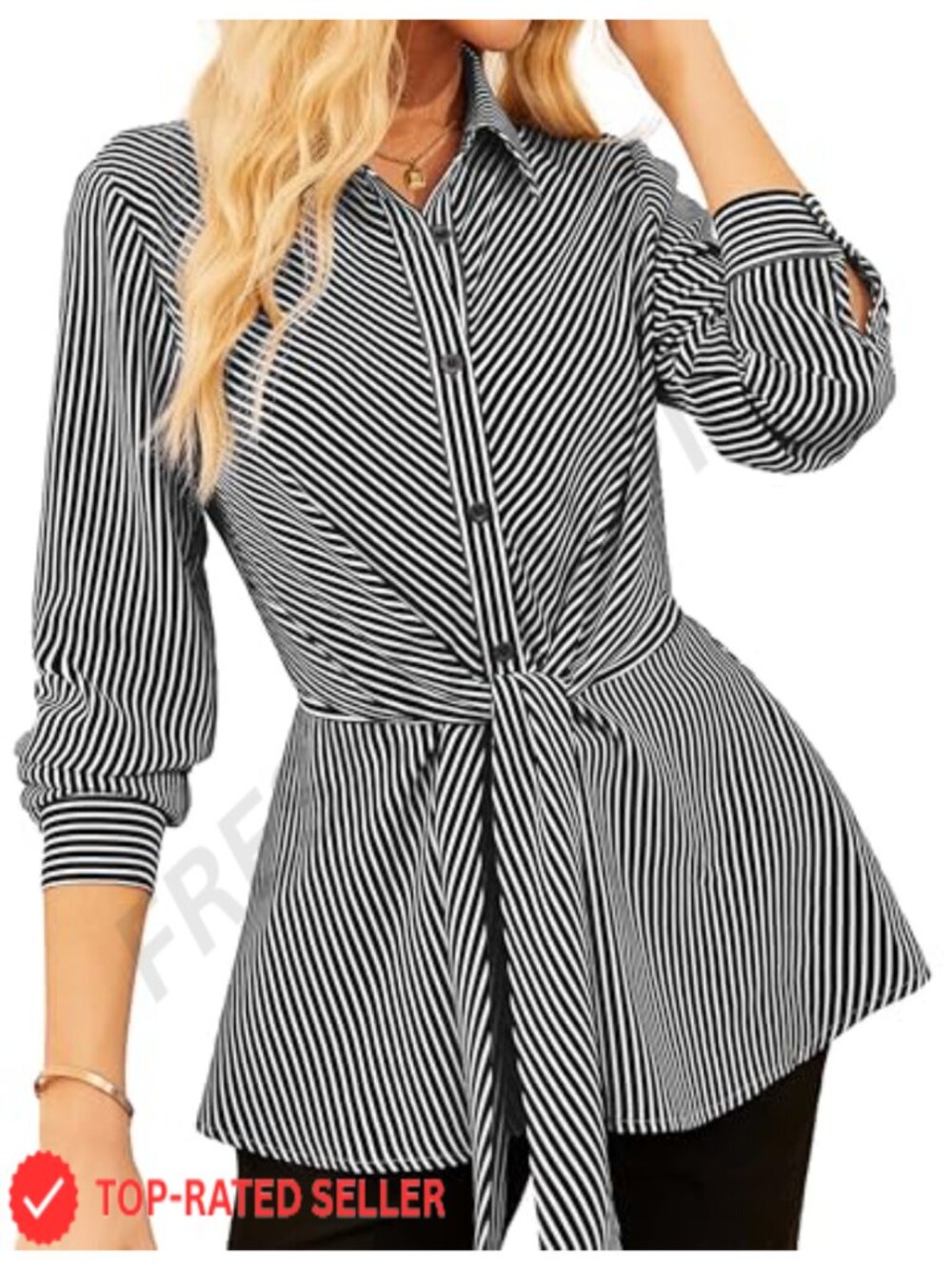 Peplum Tie Front Striped Button Down Shirt Long Sleeve Business Casual Work